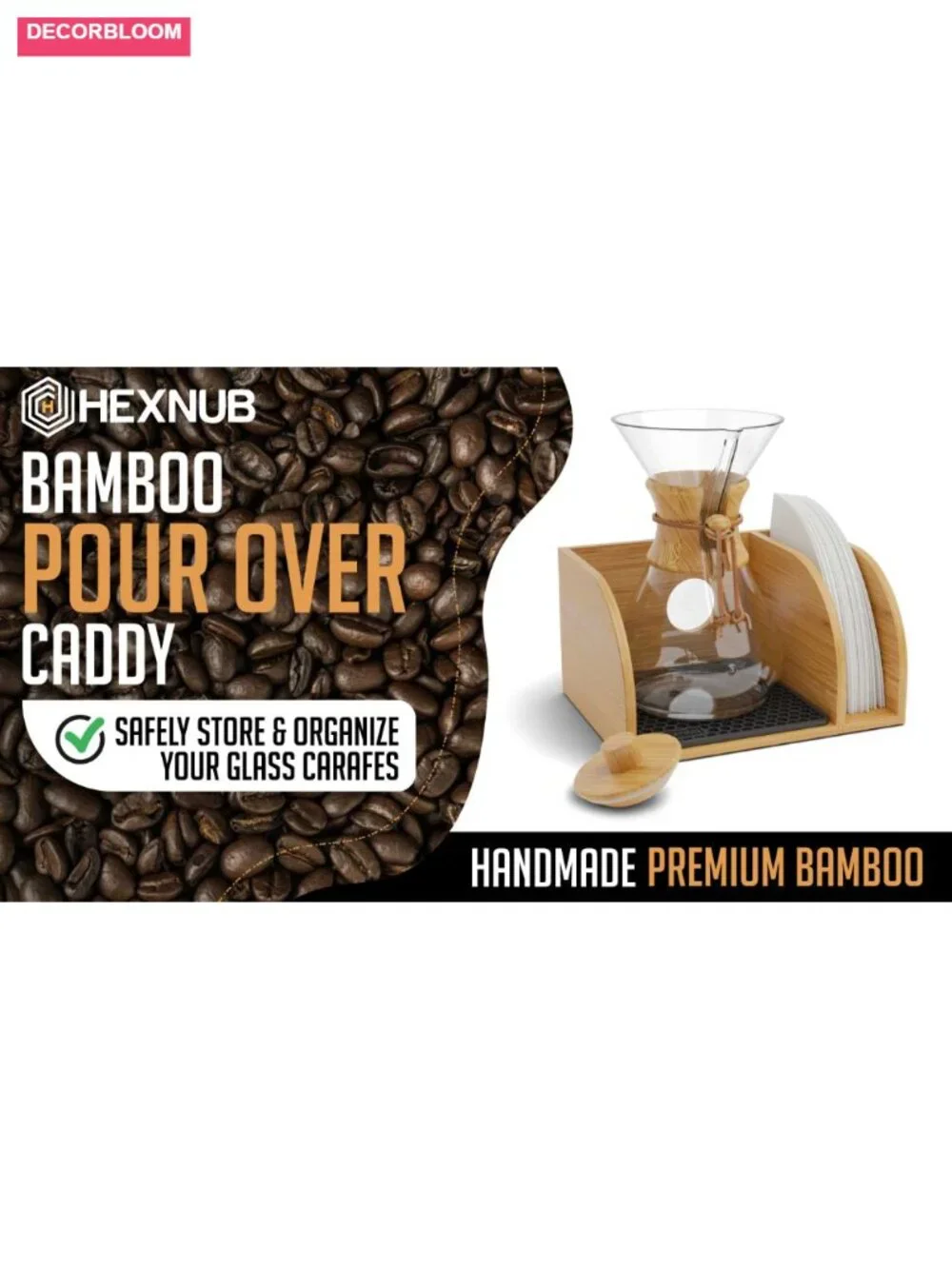 Bamboo Pour Over Coffee Caddy with Filter Holder, Compact Organizer for Chemex